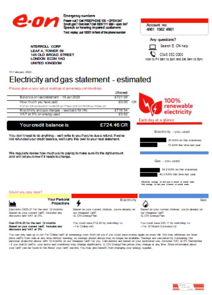 E.ON UK utility business bill, SCR1 PSD template